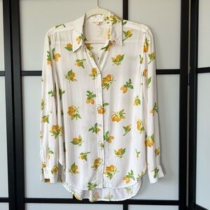 [M] Jane & Delancey 100% Rayon White Long Sleeve Button Down Blouse Lemon Print